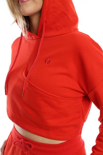 Kadın Kruvaze Detaylı Kapüşonlu Crop Sweat Kırmızı