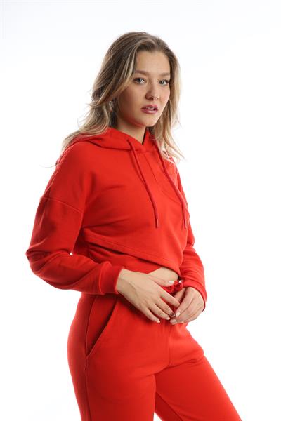 Kadın Kruvaze Detaylı Kapüşonlu Crop Sweat Kırmızı
