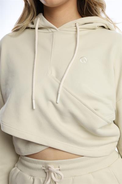 Kadın Kruvaze Detaylı Kapüşonlu Crop Sweat Ekru