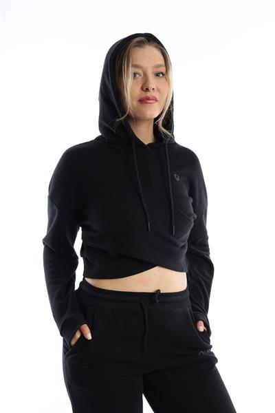 Kadın Kruvaze Detaylı Kapüşonlu Crop Sweat Siyah