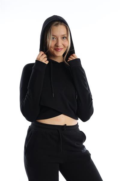 Kadın Kruvaze Detaylı Kapüşonlu Crop Sweat Siyah