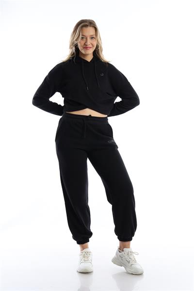 Kadın Kruvaze Detaylı Kapüşonlu Crop Sweat Siyah