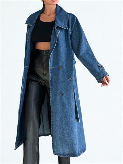 Kadın Kruvaze Yaka Denim Trençkot Mavi