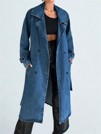 Kadın Kruvaze Yaka Denim Trençkot Mavi