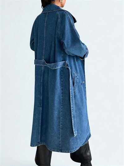 Kadın Kruvaze Yaka Denim Trençkot Mavi