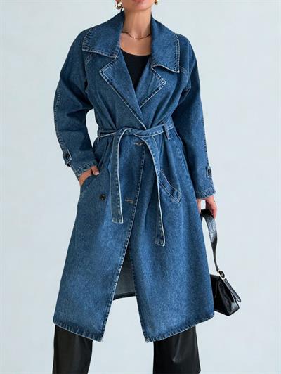 Kadın Kruvaze Yaka Denim Trençkot Mavi