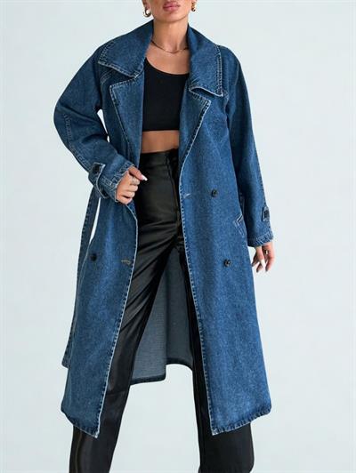 Kadın Kruvaze Yaka Denim Trençkot Mavi