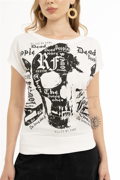 Kadın Kuru Kafa Baskılı Geniş Yakalı T-shirt  Beyaz
