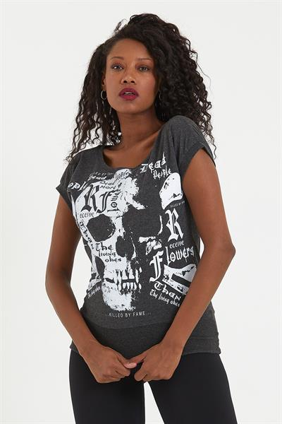 Kadın Kuru Kafa Baskılı Geniş Yakalı T-shirt  Antrasit