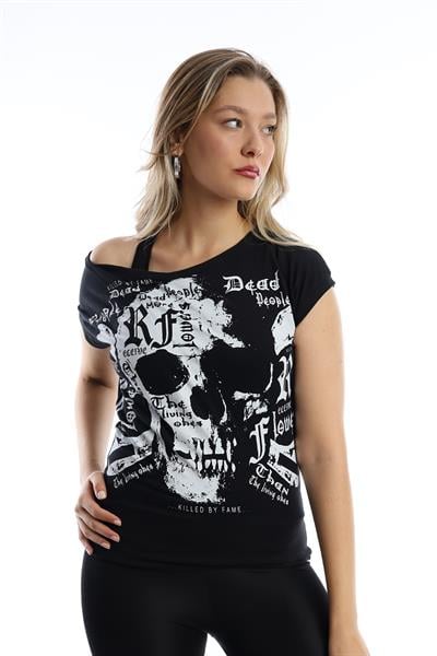 Kadın Kuru Kafa Baskılı Geniş Yakalı T-shirt  Siyah