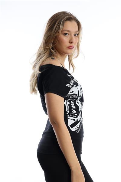 Kadın Kuru Kafa Baskılı Geniş Yakalı T-shirt  Siyah
