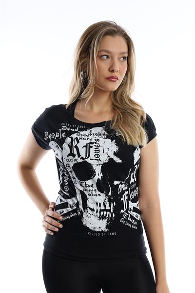 Kadın Kuru Kafa Baskılı Geniş Yakalı T-shirt  Siyah