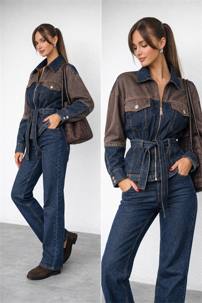 Kadın Kuşaklı İki Renk Denim Ceket Pantolon Takım Yüksek Bel Jean Lacivert - Kahve