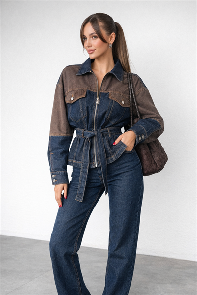 Kadın Kuşaklı İki Renk Denim Ceket Pantolon Takım Yüksek Bel Jean Lacivert - Kahve