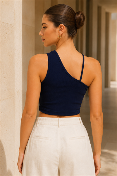 Kadın Lacivert Çapraz Halter Yaka Damla Detaylı Fitilli Crop Top