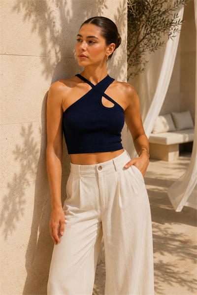 Kadın Lacivert Çapraz Halter Yaka Damla Detaylı Fitilli Crop Top