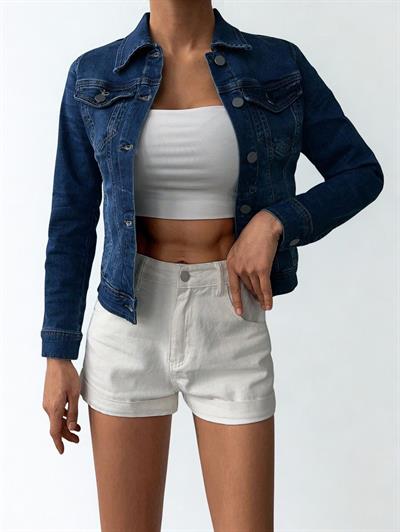 Kadın Lacivert Crop Kot Ceket