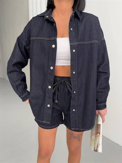 Kadın Lacivert Denim Gömlek Ceket & Şort Takım – Oversize Rahat Kalıp
