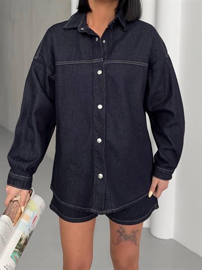 Kadın Lacivert Denim Gömlek Ceket & Şort Takım – Oversize Rahat Kalıp