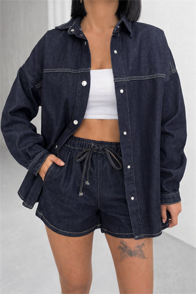 Kadın Lacivert Denim Gömlek Ceket & Şort Takım – Oversize Rahat Kalıp