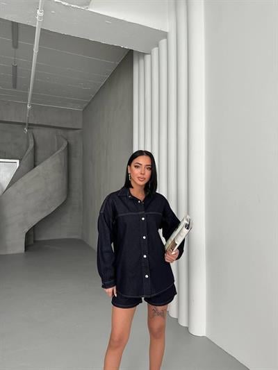 Kadın Lacivert Denim Gömlek Ceket & Şort Takım – Oversize Rahat Kalıp