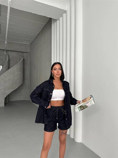 Kadın Lacivert Denim Gömlek Ceket & Şort Takım – Oversize Rahat Kalıp