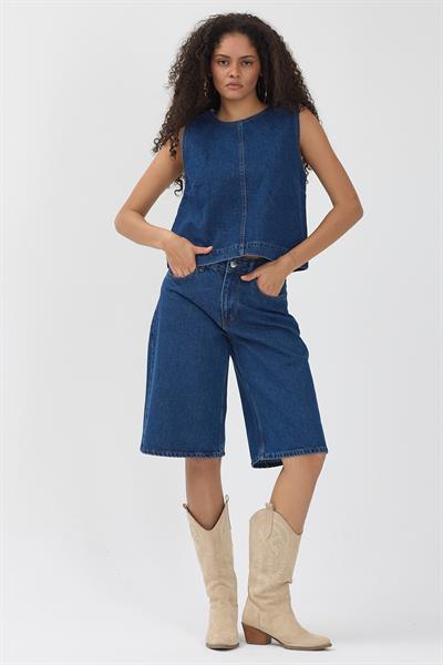 Kadın Lacivert Denim Yelek & Kapri Jean Şort İkili Takım
