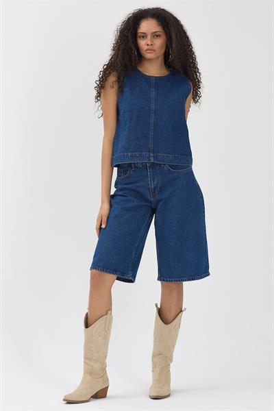 Kadın Lacivert Denim Yelek & Kapri Jean Şort İkili Takım