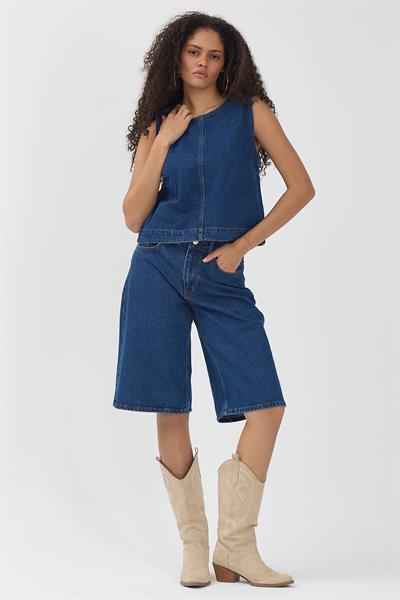Kadın Lacivert Denim Yelek & Kapri Jean Şort İkili Takım