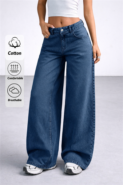 Kadın Lacivert Wide Leg Bol Paça Düşük Bel Denim Jean Pantolon