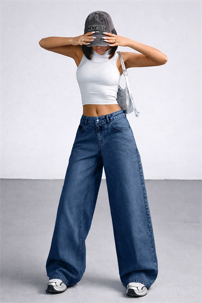 Kadın Lacivert Wide Leg Bol Paça Düşük Bel Denim Jean Pantolon