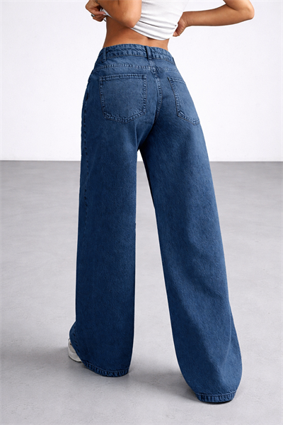 Kadın Lacivert Wide Leg Bol Paça Düşük Bel Denim Jean Pantolon