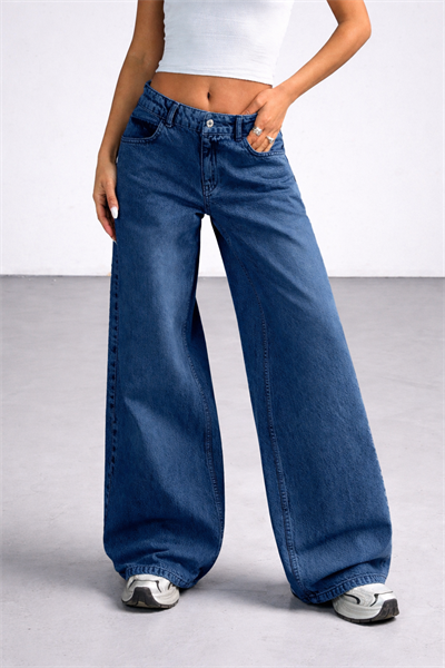 Kadın Lacivert Wide Leg Bol Paça Düşük Bel Denim Jean Pantolon