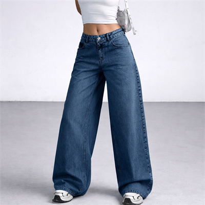 Kadın Lacivert Wide Leg Bol Paça Düşük Bel Denim Jean Pantolon