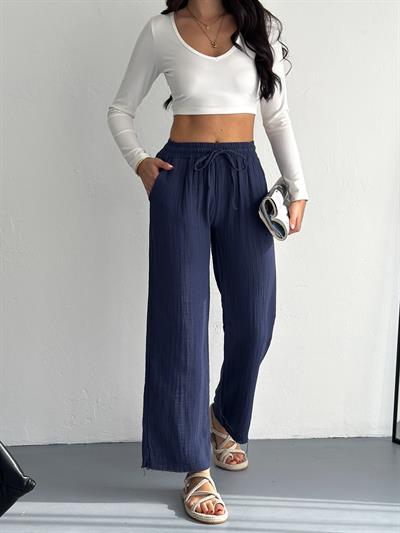 Kadın Lacivert Yüksek Bel Geniş Paça Müslin Pantolon