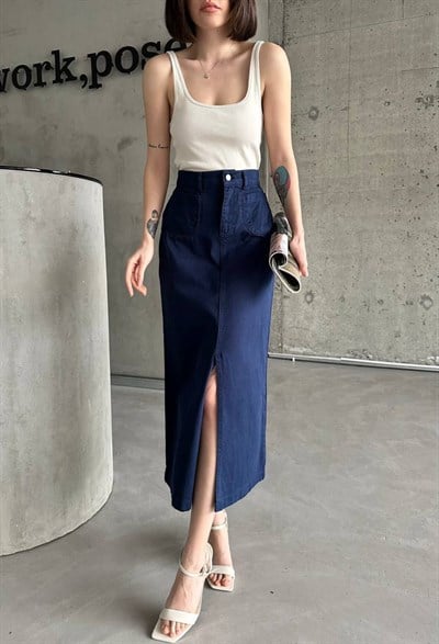 Kadın Lacivert Yüksek Bel Yırtmaçlı Midi Etek