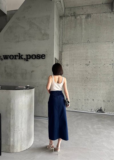 Kadın Lacivert Yüksek Bel Yırtmaçlı Midi Etek