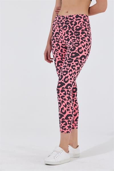 Kadın Leopar Desenli Yüksek Bel Likralı Pamuk Tayt Pembe