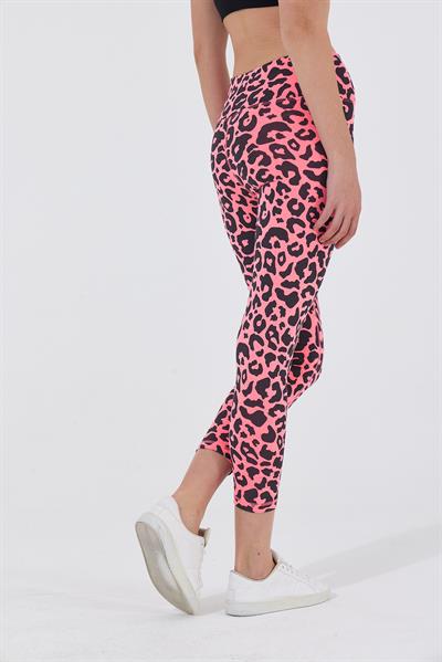 Kadın Leopar Desenli Yüksek Bel Likralı Pamuk Tayt Pembe