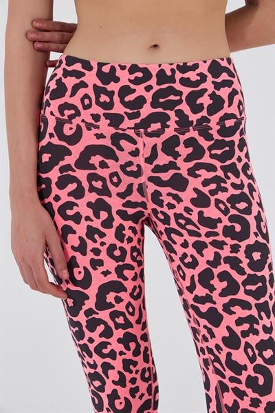 Kadın Leopar Desenli Yüksek Bel Likralı Pamuk Tayt Pembe