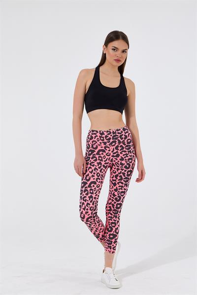 Kadın Leopar Desenli Yüksek Bel Likralı Pamuk Tayt Pembe