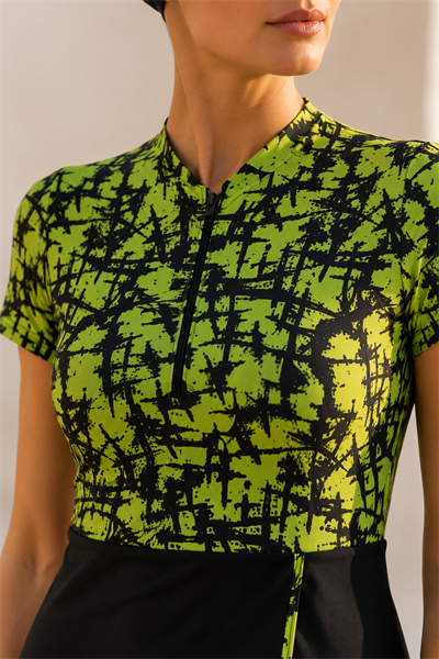Kadın Lime Abstract Desenli 4 Parça Yarı Kapalı Tesettür Mayo Takımı