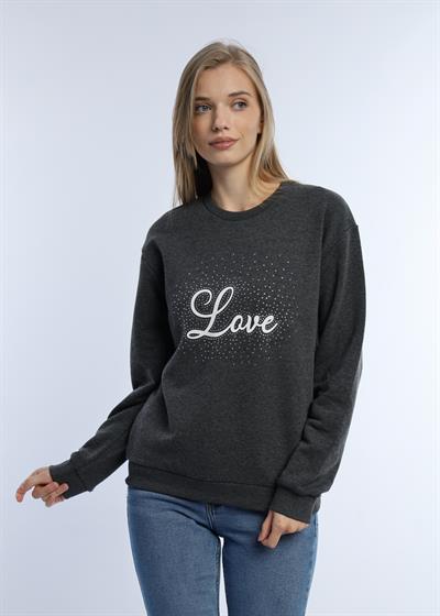 Kadın Love Baskılı 3 İplik Şardonsuz Sweatshirt Antrasit Melanj