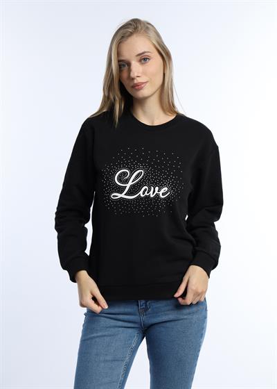 Kadın Love Baskılı 3 İplik Şardonsuz Sweatshirt Siyah