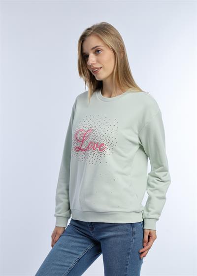 Kadın Love Baskılı 3 İplik Şardonsuz Sweatshirt Mint