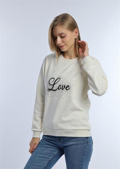 Kadın Love Baskılı 3 İplik Şardonsuz Sweatshirt Ekru