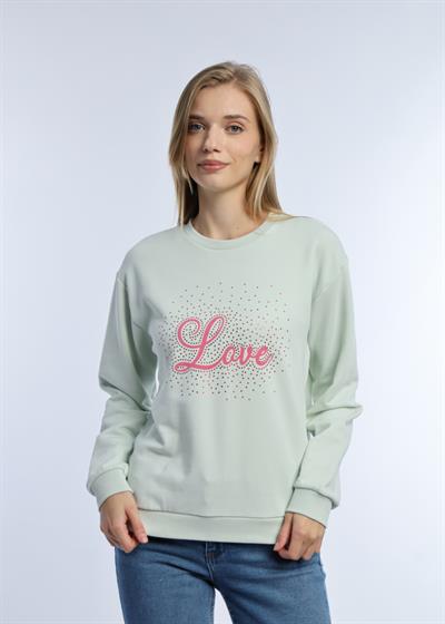 Kadın Love Baskılı 3 İplik Şardonsuz Sweatshirt Mint