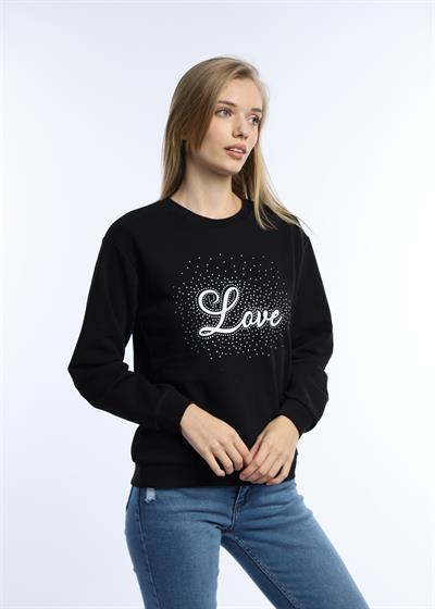 Kadın Love Baskılı 3 İplik Şardonsuz Sweatshirt Siyah
