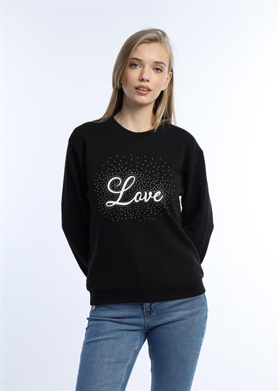 Kadın Love Baskılı 3 İplik Şardonsuz Sweatshirt Siyah