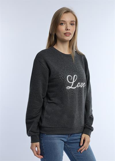 Kadın Love Baskılı 3 İplik Şardonsuz Sweatshirt Antrasit Melanj
